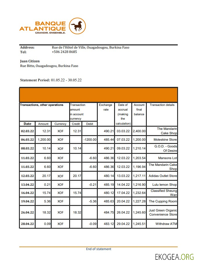Relevé bancaire de la Banque Atlantique du Burkina Faso